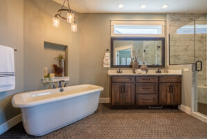 Custom bathroom cabinets, beautiful custom wooden cabinets, open bathroom, large tub, walk in shower, custom bathroom remodel, Brookwood Cabinet Company